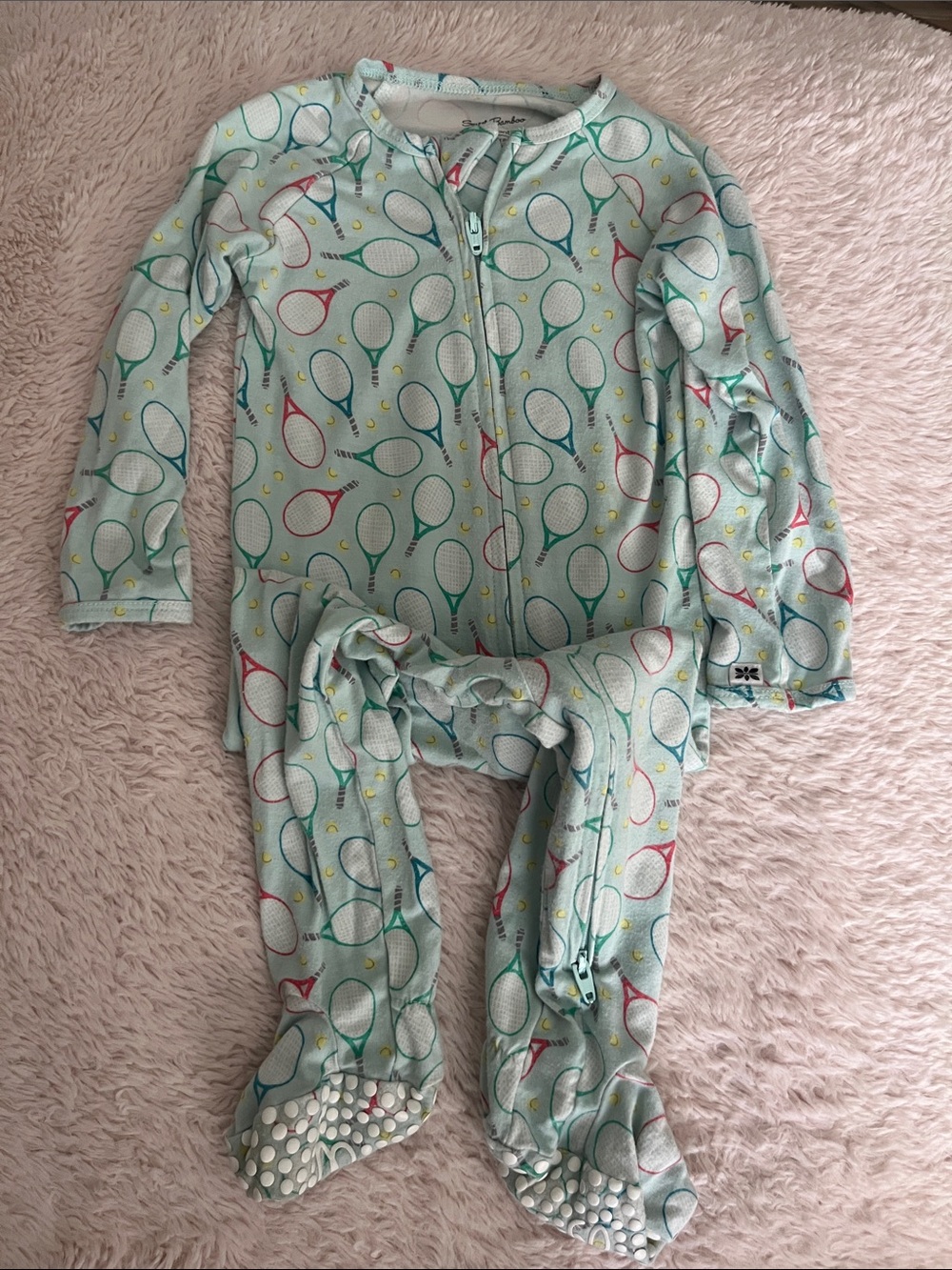 Sweet Bamboo Mint Tennis Racket Print Footed One-Piece Pajama